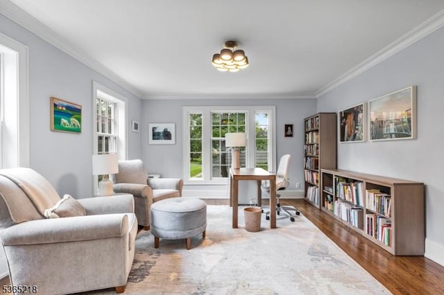 95 Green Ave, Madison Boro, NJ 07940 - living room featuring wood finished floors, crown molding, and an office area