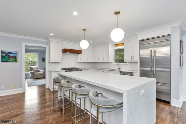95 Green Ave, Madison Boro, NJ 07940 - kitchen featuring appliances with stainless steel finishes, a center island, crown molding, white cabinets, and dark wood-style flooring