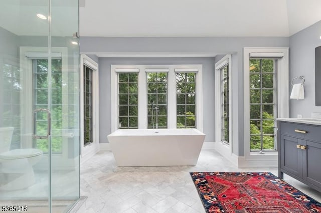 95 Green Ave, Madison Boro, NJ 07940 - full bath with vanity, healthy amount of natural light, a freestanding bath, and a stall shower