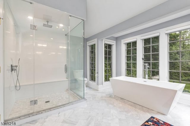 95 Green Ave, Madison Boro, NJ 07940 - full bath with marble tiled floors, a stall shower, and a freestanding tub