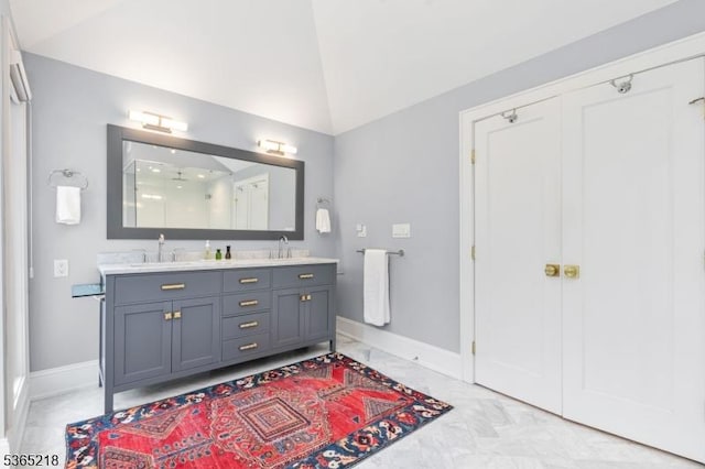 95 Green Ave, Madison Boro, NJ 07940 - full bath with lofted ceiling, double vanity, a shower, and marble finish floors