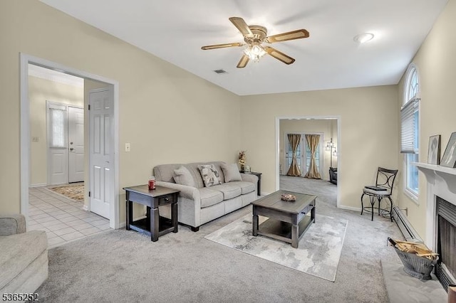 23 Estate Dr, Wantage Twp, NJ 07461 - living room with ceiling fan, carpet, and a fireplace