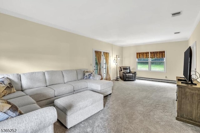 23 Estate Dr, Wantage Twp, NJ 07461 - living area with a baseboard heating unit, carpet floors, and ornamental molding
