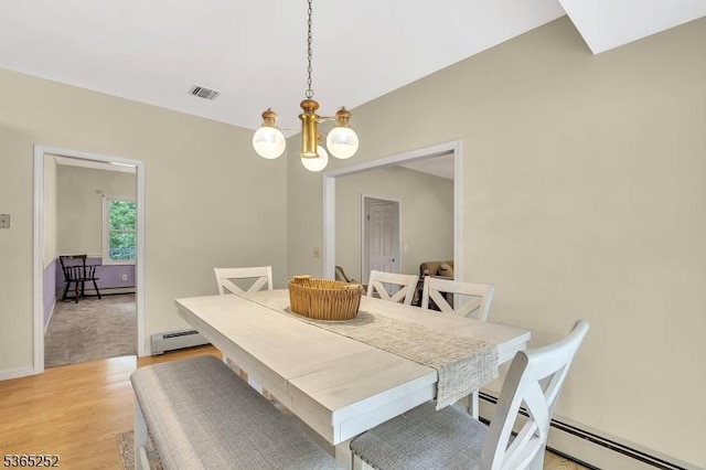 23 Estate Dr, Wantage Twp, NJ 07461 - dining space featuring a baseboard heating unit, a chandelier, light wood finished floors, and a baseboard radiator