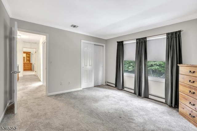 23 Estate Dr, Wantage Twp, NJ 07461 - unfurnished bedroom with carpet floors, attic access, crown molding, a baseboard heating unit, and a closet