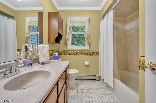 23 Estate Dr, Wantage Twp, NJ 07461 - full bath featuring a baseboard radiator, vanity, crown molding, and shower / tub combo with curtain
