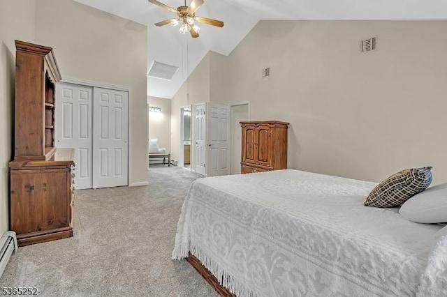 23 Estate Dr, Wantage Twp, NJ 07461 - bedroom featuring light colored carpet, high vaulted ceiling, a ceiling fan, ensuite bath, and baseboard heating