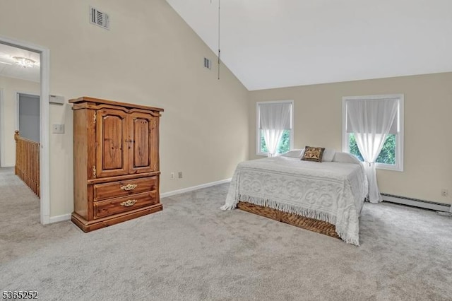 23 Estate Dr, Wantage Twp, NJ 07461 - bedroom with baseboard heating, light colored carpet, and high vaulted ceiling