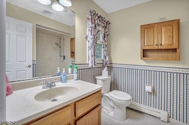 23 Estate Dr, Wantage Twp, NJ 07461 - full bathroom featuring a baseboard radiator, a wainscoted wall, vanity, a shower, and wallpapered walls