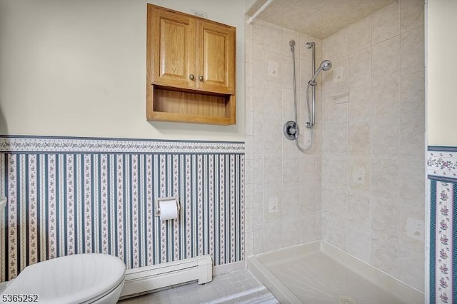 23 Estate Dr, Wantage Twp, NJ 07461 - full bathroom featuring a baseboard radiator, a tile shower, and a wainscoted wall