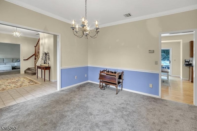 23 Estate Dr, Wantage Twp, NJ 07461 - carpeted spare room featuring a chandelier, ornamental molding, and stairs