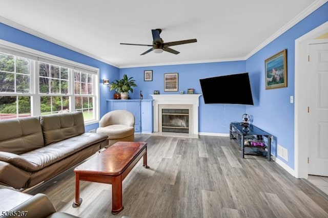 8 Dahn Dr, Sparta Twp, NJ 07871 - living room featuring a ceiling fan, wood finished floors, crown molding, and a fireplace with flush hearth