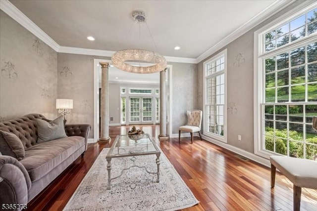 7 Sycamore Dr, Chatham Twp, NJ 07928 - living room featuring hardwood / wood-style floors, decorative columns, ornamental molding, and recessed lighting
