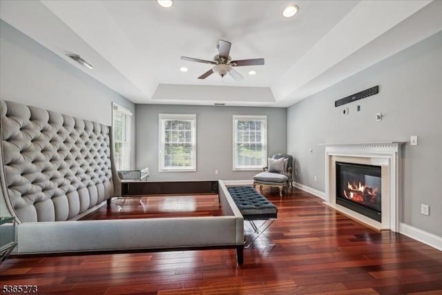 7 Sycamore Dr, Chatham Twp, NJ 07928 - living room with a raised ceiling, hardwood / wood-style floors, recessed lighting, healthy amount of natural light, and ceiling fan