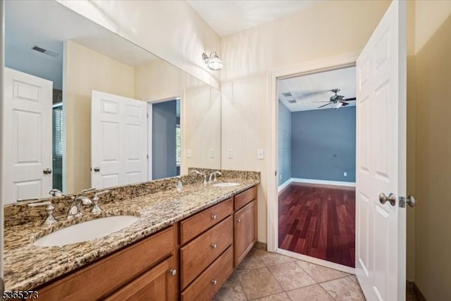 7 Sycamore Dr, Chatham Twp, NJ 07928 - full bath featuring double vanity, ceiling fan, and tile patterned floors