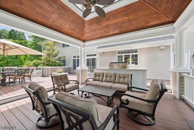 7 Sycamore Dr, Chatham Twp, NJ 07928 - wooden deck with an outdoor hangout area, outdoor dining area, and a ceiling fan