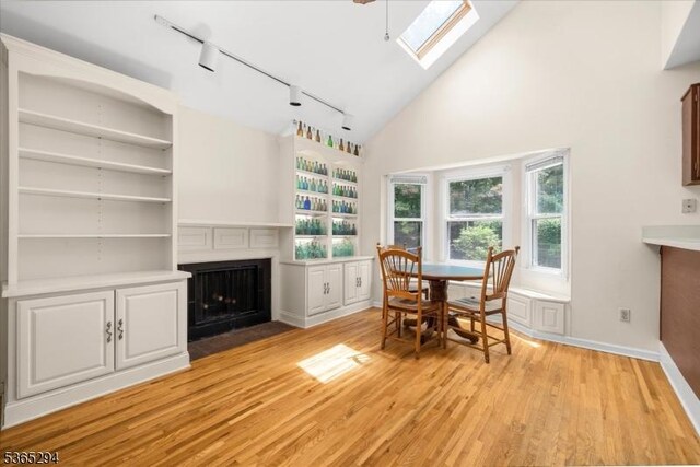 10 Duke Ct, Franklin Twp, NJ 08867 - dining area featuring rail lighting, a skylight, light wood-style floors, high vaulted ceiling, and a fireplace with flush hearth