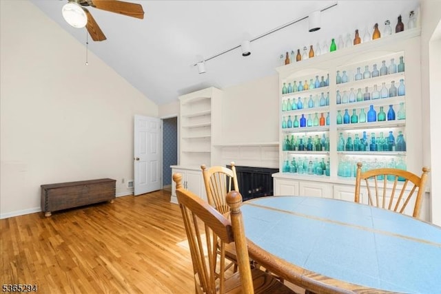 10 Duke Ct, Franklin Twp, NJ 08867 - dining room featuring rail lighting, light wood-style floors, ceiling fan, and vaulted ceiling