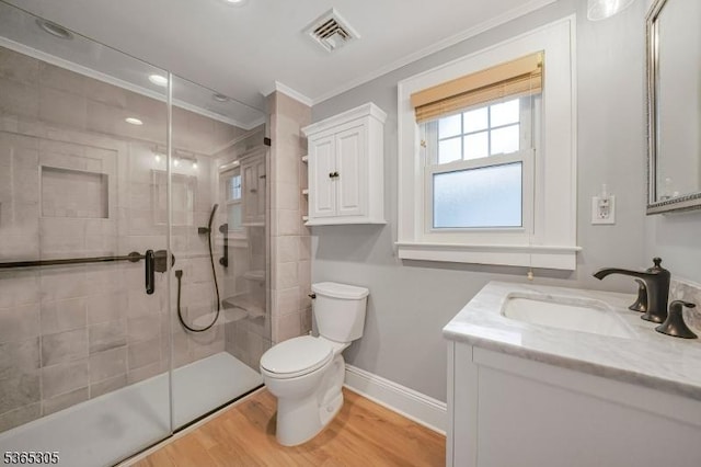 103 Cedar St, Nutley Twp, NJ 07110 - bathroom with crown molding, vanity, a stall shower, and wood finished floors