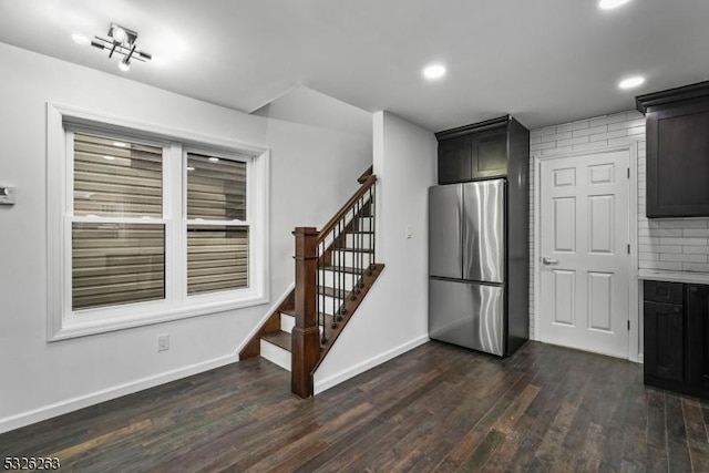 613 S 18th St, Newark City, NJ 07103 - kitchen featuring freestanding refrigerator, dark wood-style flooring, recessed lighting, light countertops, and decorative backsplash