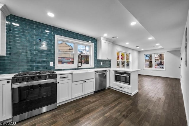 613 S 18th St, Newark City, NJ 07103 - kitchen featuring stainless steel appliances, a peninsula, tasteful backsplash, dark wood-type flooring, and white cabinetry