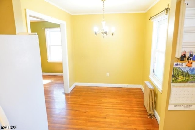573 Conant St, Hillside Twp, NJ 07205 - unfurnished dining area featuring radiator, a chandelier, light wood finished floors, and crown molding