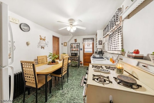 305 W Clay Ave, Roselle Park Boro, NJ 07204 - kitchen featuring freestanding refrigerator, ceiling fan, and light countertops