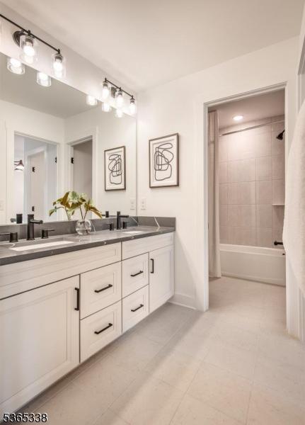 16 Whitaker Ln, Far Hills Boro, NJ 08873 - bathroom with double vanity, shower / bath combination with curtain, and tile patterned floors