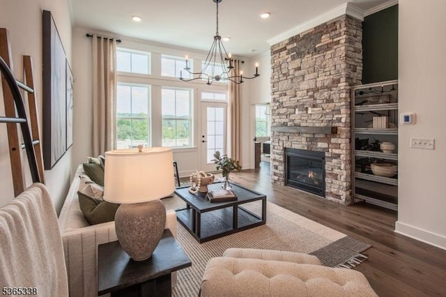 16 Whitaker Ln, Far Hills Boro, NJ 08873 - living room featuring a chandelier, wood finished floors, a fireplace, crown molding, and recessed lighting