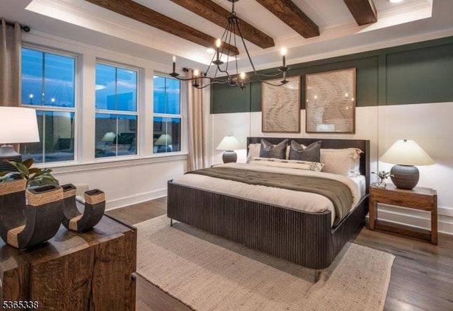 16 Whitaker Ln, Far Hills Boro, NJ 08873 - bedroom featuring a chandelier, beamed ceiling, and wood finished floors