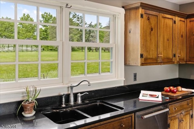153 Lambertville Hq Rd, Delaware Twp, NJ 08559 - kitchen featuring brown cabinetry, dark countertops, and dishwasher