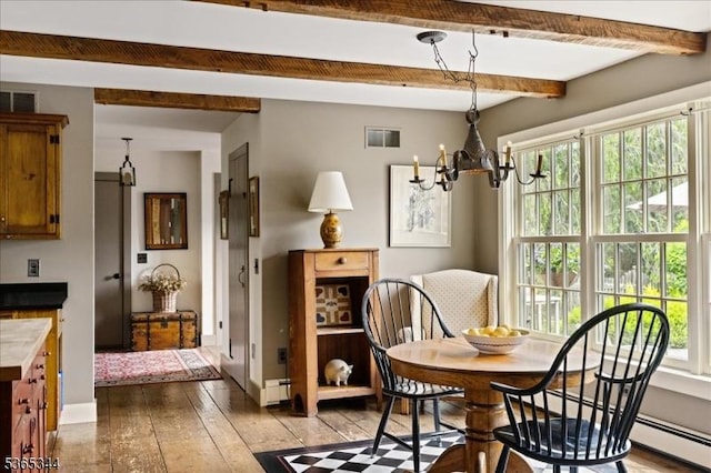 153 Lambertville Hq Rd, Delaware Twp, NJ 08559 - dining area with beamed ceiling, plenty of natural light, wood-type flooring, and a chandelier