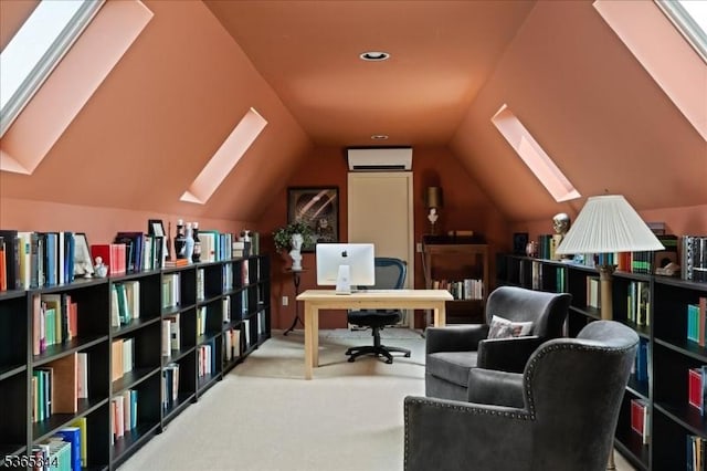 153 Lambertville Hq Rd, Delaware Twp, NJ 08559 - carpeted office with a skylight, a wall mounted air conditioner, and lofted ceiling