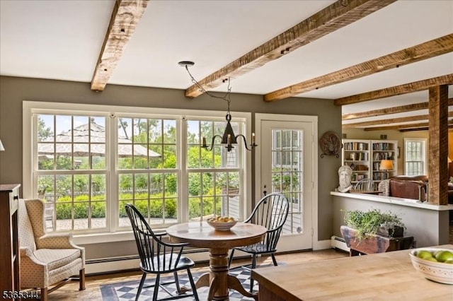 153 Lambertville Hq Rd, Delaware Twp, NJ 08559 - dining room with beam ceiling, plenty of natural light, a chandelier, and a baseboard radiator