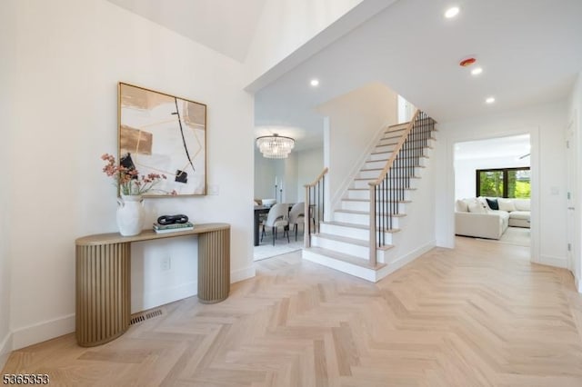 338 Old Short Hills Rd, Millburn Twp, NJ 07078 - foyer entrance featuring stairs, a chandelier, and recessed lighting