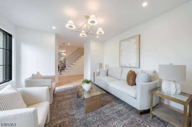 338 Old Short Hills Rd, Millburn Twp, NJ 07078 - living area featuring a chandelier, stairway, and recessed lighting