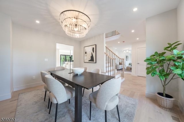 338 Old Short Hills Rd, Millburn Twp, NJ 07078 - dining space featuring a chandelier, stairway, light wood-type flooring, and recessed lighting