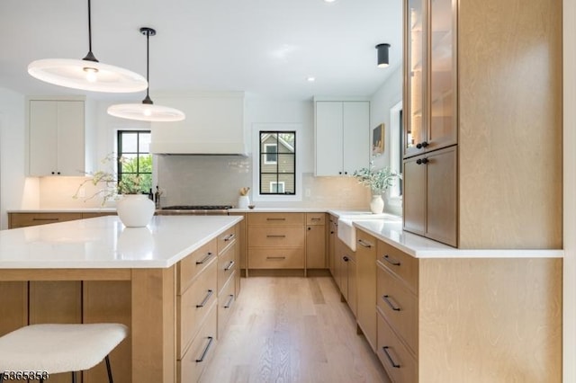 338 Old Short Hills Rd, Millburn Twp, NJ 07078 - kitchen featuring premium range hood, light brown cabinetry, light wood finished floors, tasteful backsplash, and light countertops