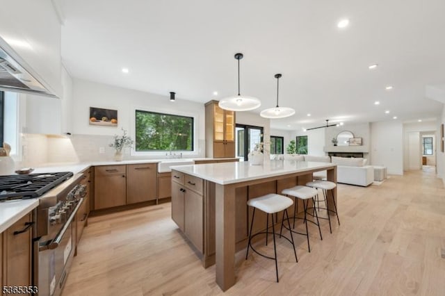 338 Old Short Hills Rd, Millburn Twp, NJ 07078 - kitchen featuring premium range hood, stainless steel stove, open floor plan, light wood-style flooring, and recessed lighting