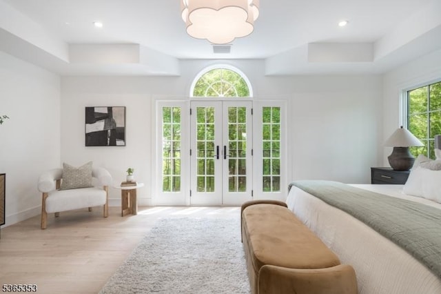 338 Old Short Hills Rd, Millburn Twp, NJ 07078 - bedroom featuring light wood-style floors, french doors, a chandelier, access to exterior, and recessed lighting