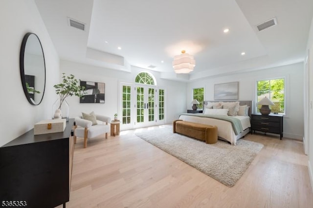 338 Old Short Hills Rd, Millburn Twp, NJ 07078 - bedroom with light wood-type flooring, recessed lighting, and french doors
