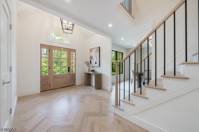 338 Old Short Hills Rd, Millburn Twp, NJ 07078 - entrance foyer featuring stairway, a chandelier, recessed lighting, and a towering ceiling