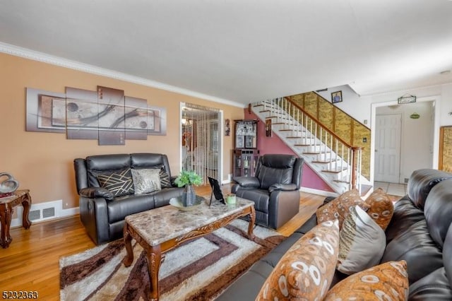 340 Hamilton St, Roselle Boro, NJ 07203 - living room with stairway, ornamental molding, and wood finished floors