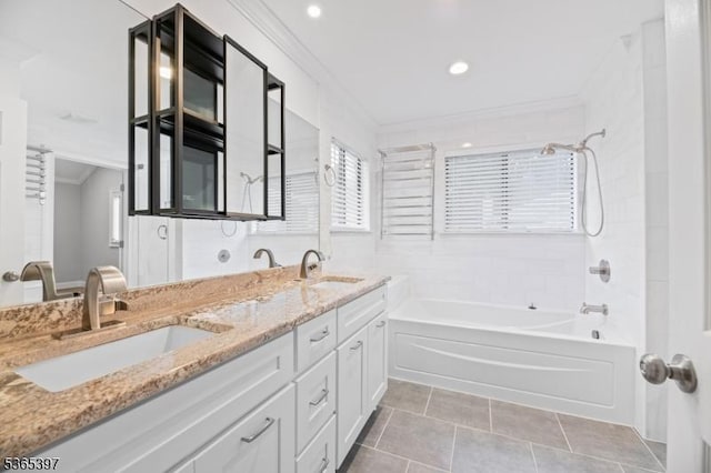 46 Overlook Dr Unit 46, Independence Twp, NJ 07840 - bathroom featuring ornamental molding, double vanity, tile patterned floors, shower / tub combination, and recessed lighting