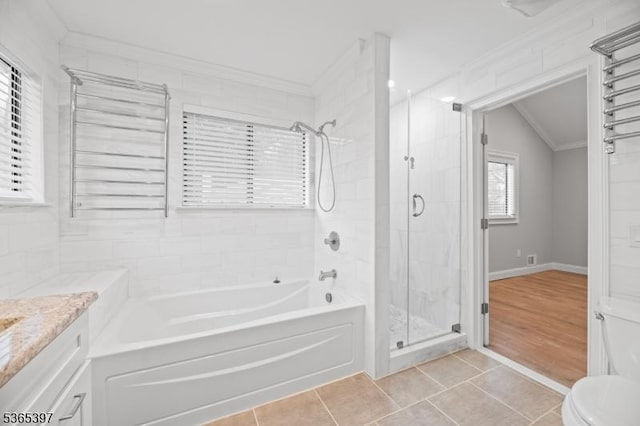 46 Overlook Dr Unit 46, Independence Twp, NJ 07840 - bathroom with a stall shower, crown molding, a tub, vanity, and vaulted ceiling