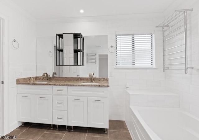 46 Overlook Dr Unit 46, Independence Twp, NJ 07840 - bathroom with ornamental molding, a tub to relax in, double vanity, and tile patterned floors