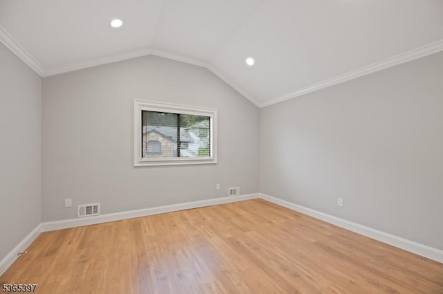46 Overlook Dr Unit 46, Independence Twp, NJ 07840 - empty room with ornamental molding, light wood-style floors, vaulted ceiling, and recessed lighting