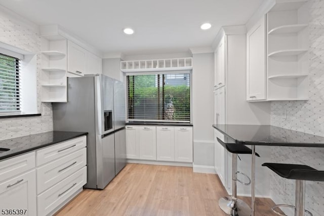 46 Overlook Dr Unit 46, Independence Twp, NJ 07840 - kitchen featuring open shelves, stainless steel refrigerator with ice dispenser, white cabinetry, backsplash, and recessed lighting