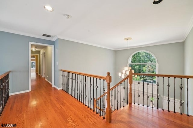 4 Knollwood Ter, Chester Twp, NJ 07930 - hall featuring an upstairs landing, wood finished floors, ornamental molding, a chandelier, and recessed lighting