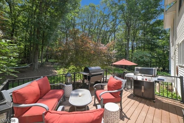 4 Knollwood Ter, Chester Twp, NJ 07930 - wooden terrace with an outdoor living space and area for grilling